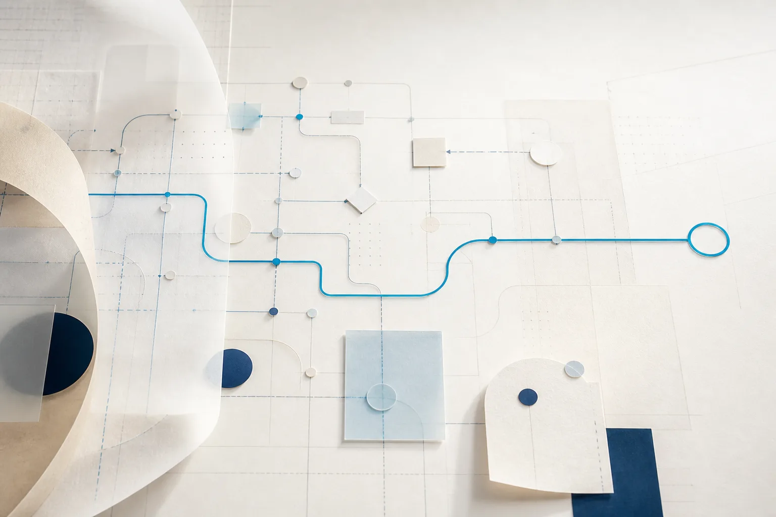 An abstract Gentoo-blue path finding a clear way through layered business workflows